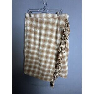 Time And Tru Women's L 12-14 Tan Brown White Plaid Fringe Faux Wrap Skirt Heavy
